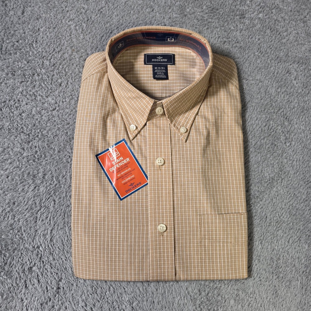 Dockers Mens M Button Down Shirt Tan Micro Check Stain‎ Defender No Wrinkles